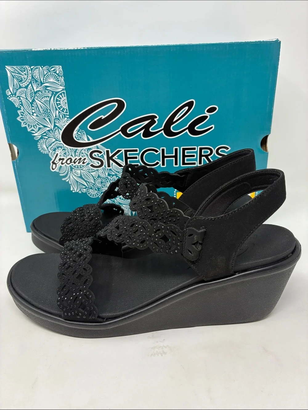 Skechers Black Cali Wedge Sandals with Decorative Laser-Cut Straps